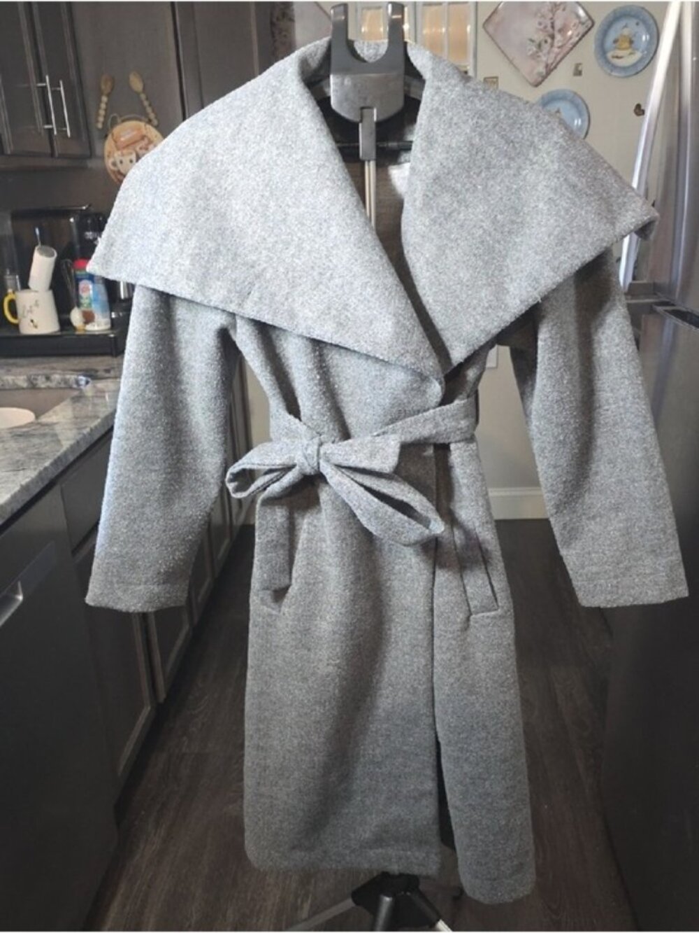 Shinestar Gray Wrap Trench Coat with Wide Shawl Collar